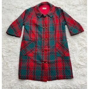 VTG 1950s Saybury Red Green Plaid Quilted Holiday Duster Coat Robe Retro READ